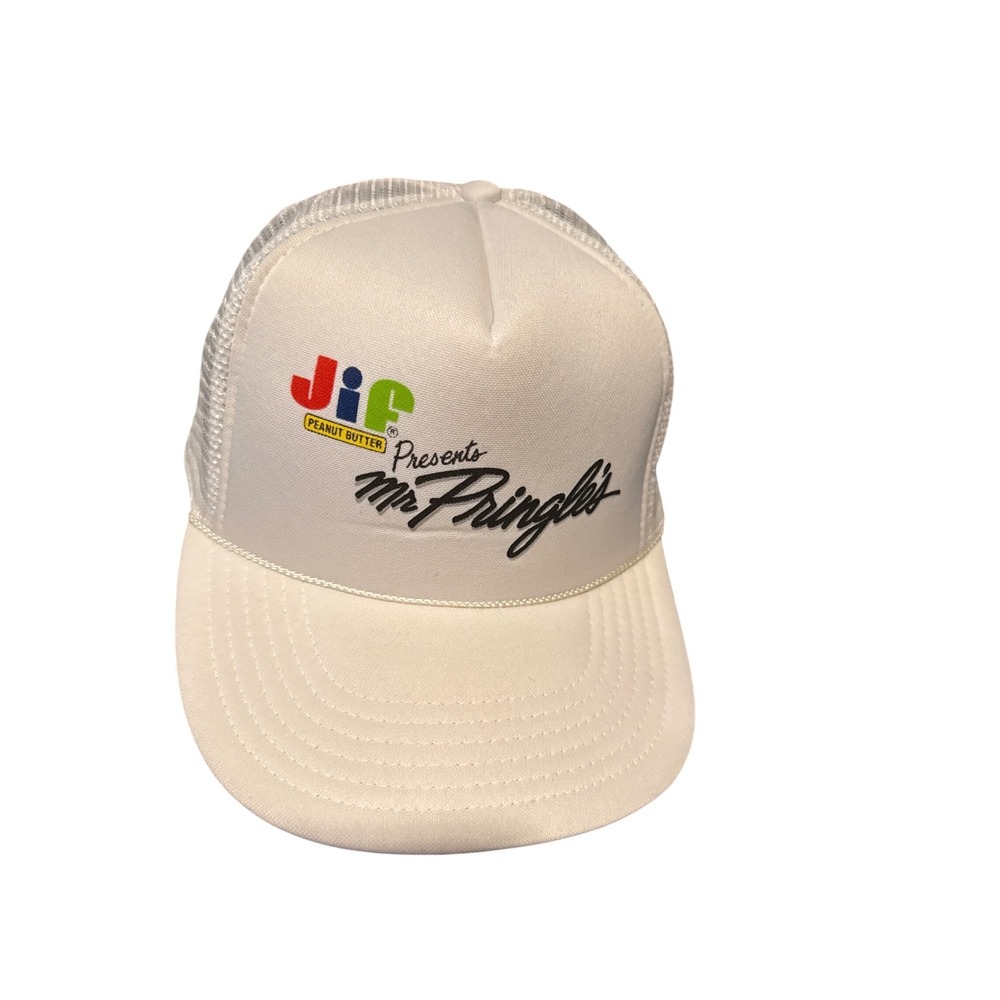 Vintage Jif Peanut Butter Mr Pringles Trucker Hat White Mesh Snapback Cap